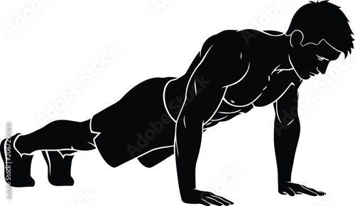 Black silhouette of man doing pushup exercise isolated on white background