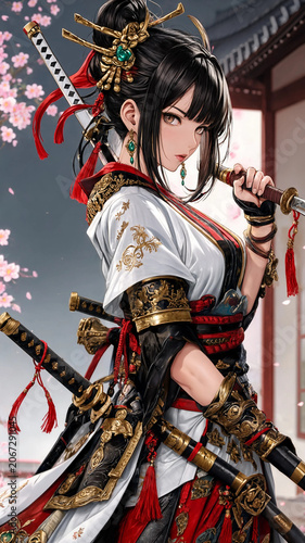 A woman warrior in traditional Japanese attire stands heroically with swords.
