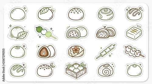 A collection of cute cartoon Japanese mochi and dango sweets illustrations in a sticker-like style, featuring various traditional wagashi desserts.
