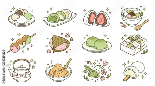Bilde på lerret A delightful collection of traditional Japanese wagashi sweets and a teapot, showcasing various mochi and dango