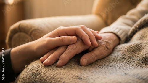 Young and old hands joined together in a concept of care and generation connection