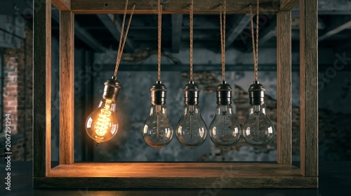 Vintage Edison light bulb swinging in a Newton cradle setup representing creative momentum and innovative thinking
