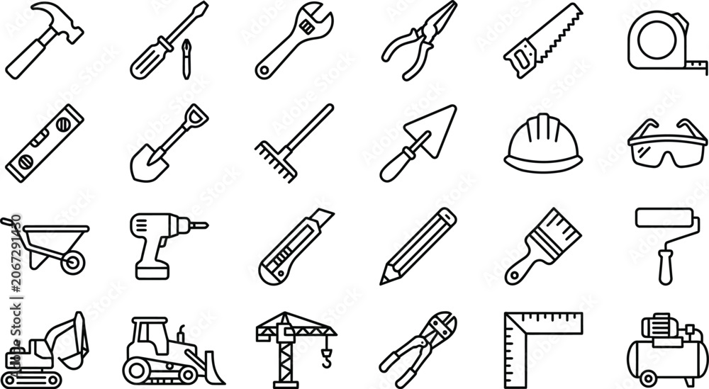 Obraz premium Construction Tools Line Icons Set On White Background