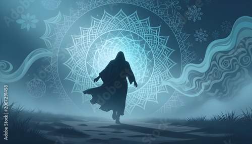 Mystical Hooded Figure Walking Through Glowing Sacred Geometry Portal in Moonlit Fantasy Landscape
