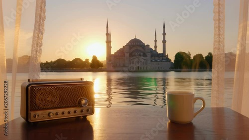 Vintage radio and coffee cup by the window overlooking a mosque at sunrise. Seamless looping 4k video background