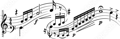 Fotografija Abstract musical notation swirling on flowing staves.