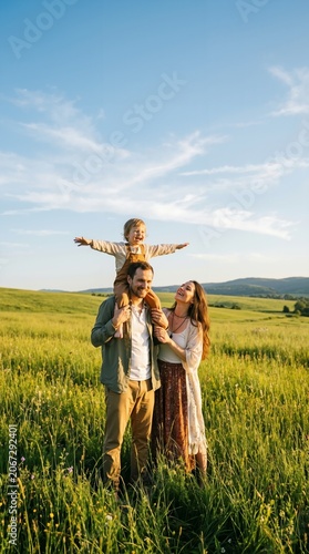 Happy family with small child enjoying nature in green field during golden hour sunset