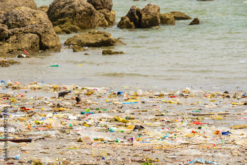 Canvas Print Polluted beach with plastic waste and garbage washed up on the shore, environmen