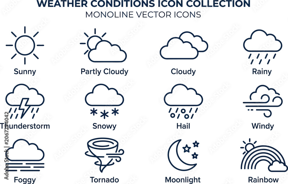 Fototapeta premium Weather conditions icons monochrome vector set on a white background