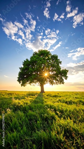 A lone tree in a lush green field at sunset