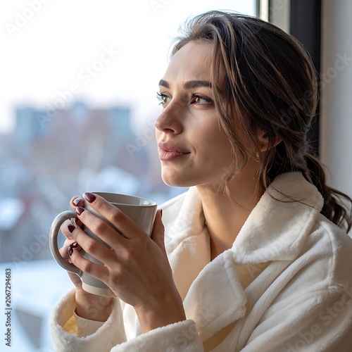 Woman in bathrobe holding coffee cup.