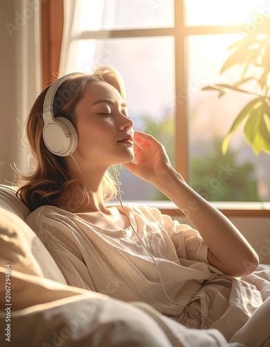 Woman relaxing on bed with headphones.