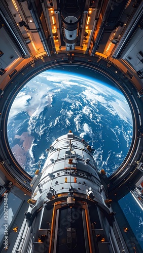 A spaceship's interior view of Earth through a circular window