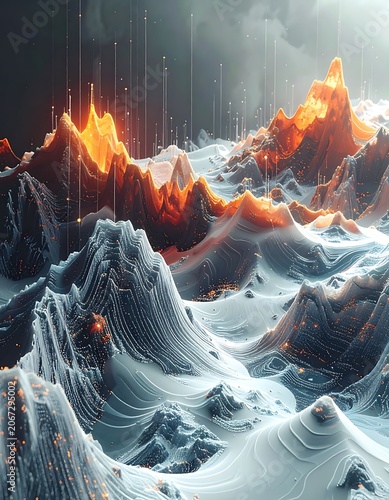 A surreal, futuristic landscape with glowing orange peaks
