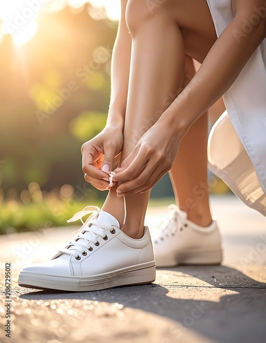 Woman tying white running shoes outdoors.