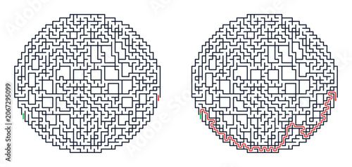 Circular maze with paths marked in red and green lines  