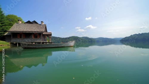 Wooden boat docked at a rustic cabin on a calm mountain lake in summer. Seamless looping 4k video background