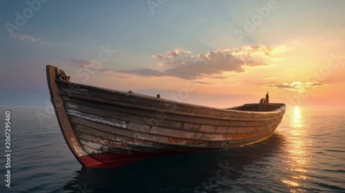 Wooden Fishing Boat Floating on Calm Ocean at Golden Hour Sunset. Seamless looping 4k video background