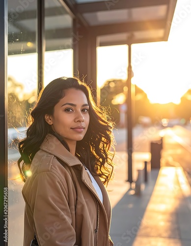 Young woman standing at bus stop.