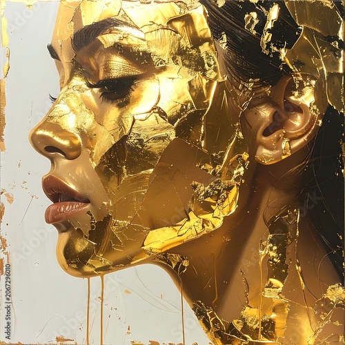 A woman's face covered in gold leaf