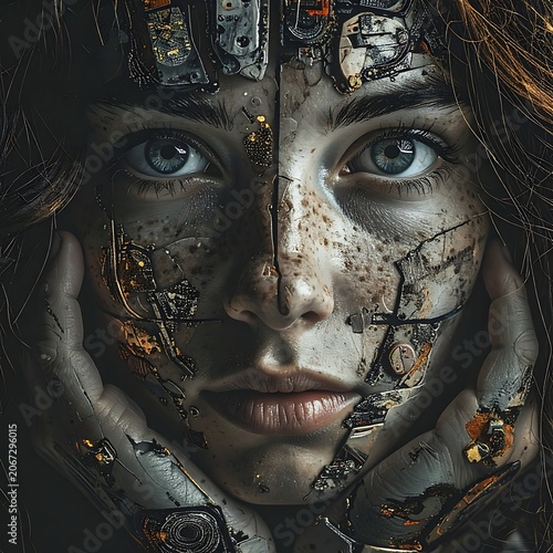 A woman's face with mechanical parts and cracks