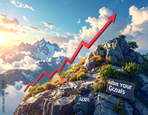 A majestic mountain landscape with a red rising arrow and a motivational sign