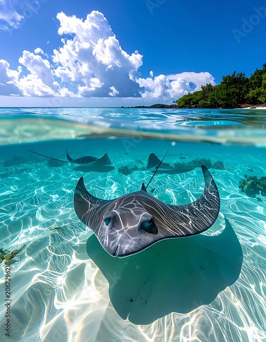 A majestic sea creature swims in crystal-clear waters near a tropical island