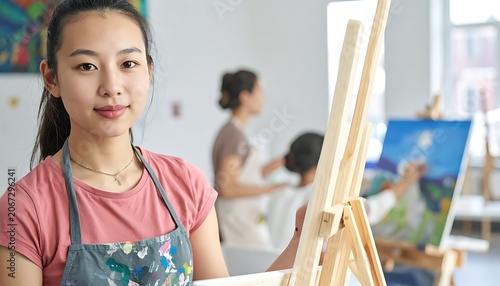 Asian woman painting in art studio.