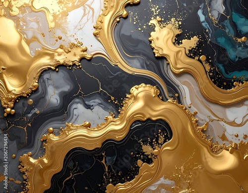 A swirling mix of gold, black, gray, and blue liquid marble patterns