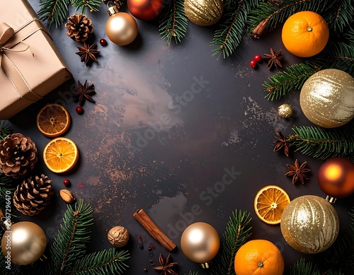 Festive holiday arrangement with ornaments and evergreen