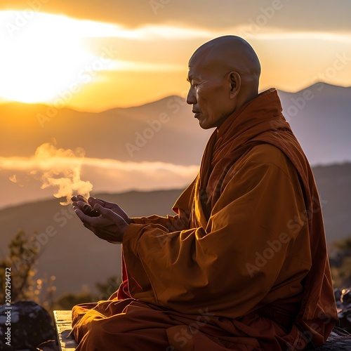 Buddhist monk meditating with incense sticks.