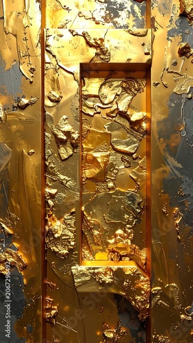 A textured gold-colored abstract artwork with a central rectangular frame
