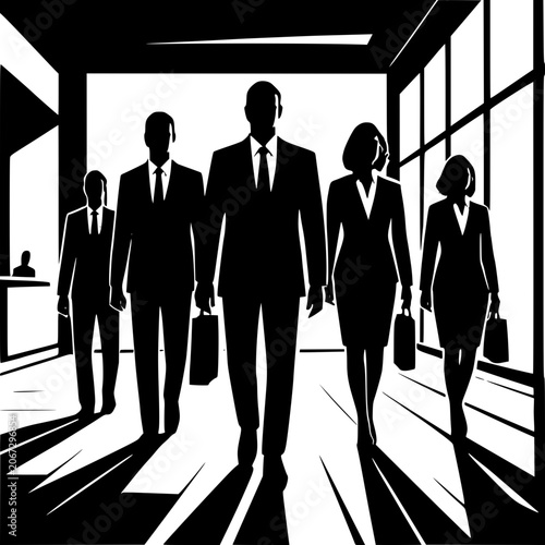 Leadership Silhouette: A group of business professionals, depicted in silhouette, stride forward with purpose and determination in a modern office environment.