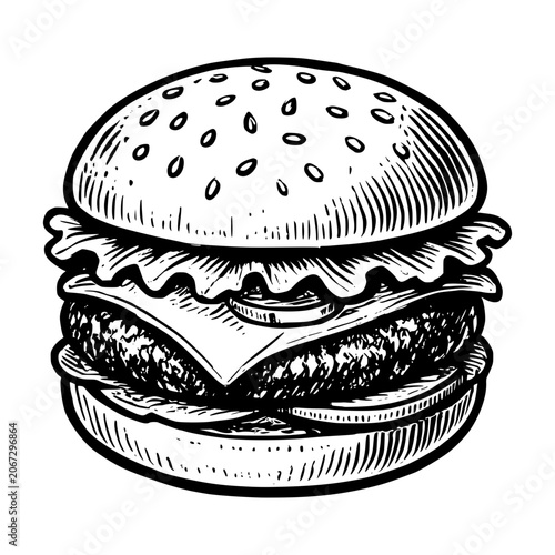 Classic Hamburger Illustration: A detailed, vintage-style illustration of a classic hamburger, showcasing fresh lettuce, ripe tomato, melted cheese, and a juicy patty stacked between sesame seed buns.