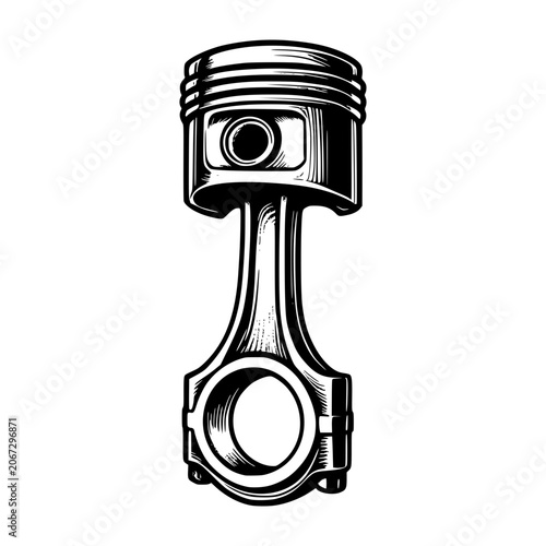 Internal Combustion Engine Piston: A detailed black and white illustration of a single piston and connecting rod assembly, a fundamental component of an internal combustion engine.