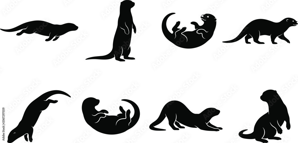 Obraz premium Otter Silhouette Collection Featuring Swimming Standing Diving and Playing River Animal Poses
