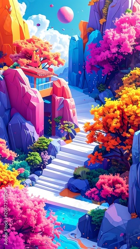 A vibrant, cartoonish landscape with colorful trees, rocks, and a winding staircase