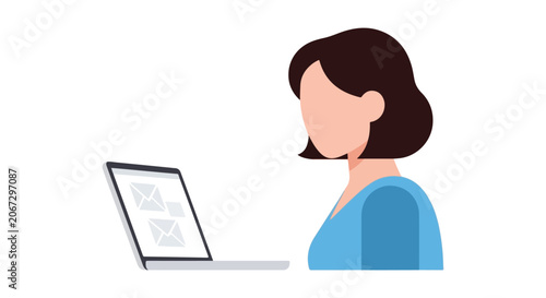 Billede på lærred A minimalist flat vector illustration of a dark-haired woman in a blue shirt using a laptop to check her email messages on a white background