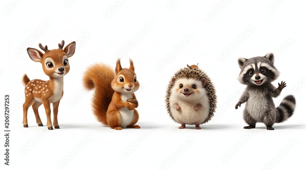 Fototapeta premium Four cute 3D forest baby animal mascots including deer, squirrel, hedgehog, and raccoon isolated on white background.