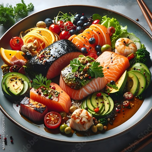 A vibrant plate of assorted sushi and sashimi with fruits and vegetables