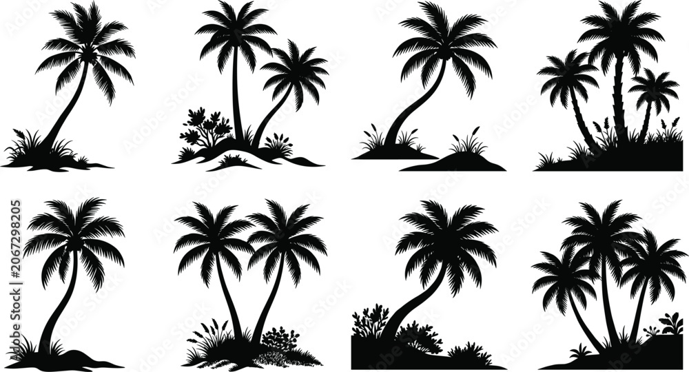 Naklejka premium Tropical Palm Island Silhouette Collection Featuring Coastal Landscapes and Exotic Beach Vegetation