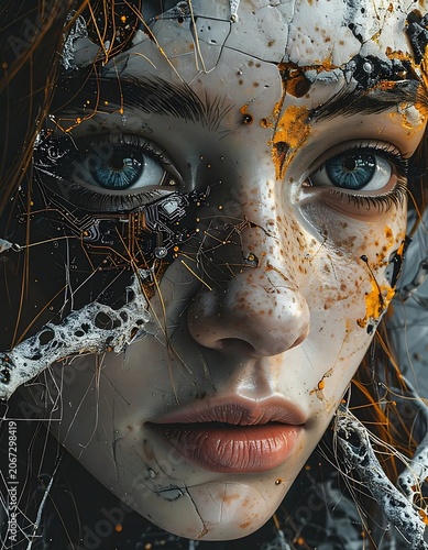 A woman's face with cracked, paint-splattered skin and blue eyes
