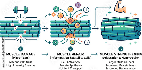 Canvastavla Muscle hypertrophy process infographic vector diagram showing damage repair and