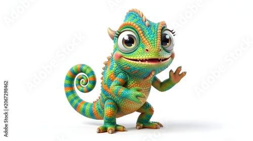 Cute 3D chameleon cartoon character with colorful scales, shiny eyes, and curly tail waving isolated on white background.