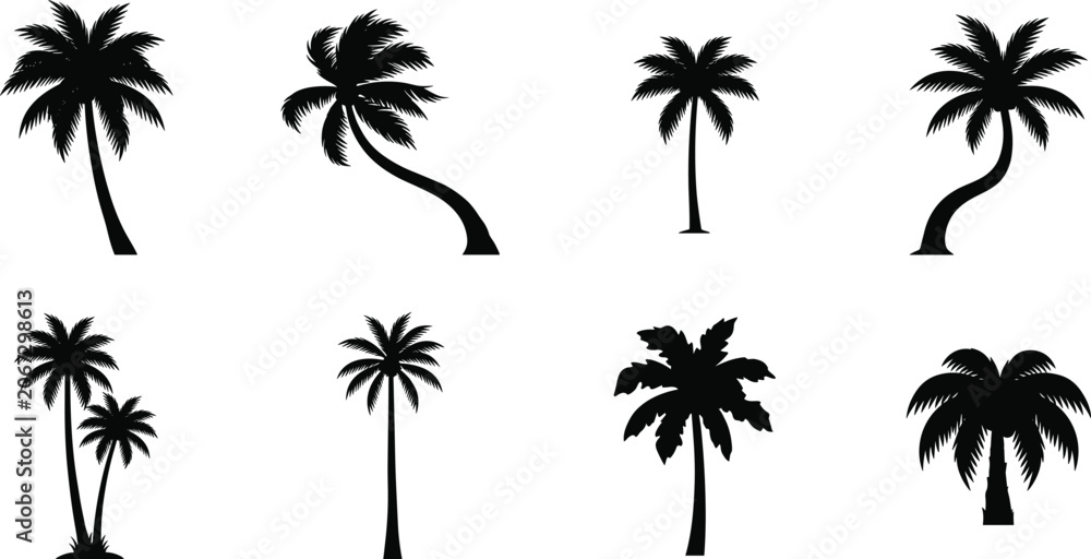 Fototapeta premium Tropical Palm Tree Silhouette Collection Featuring Curved Trunks and Exotic Island Landscape Set
