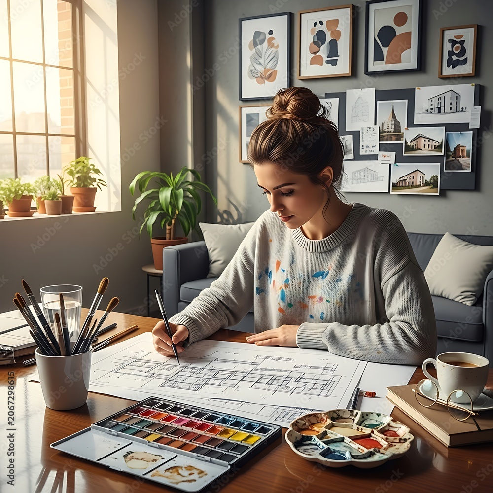 Fototapeta premium Woman studying at home with laptop and books.