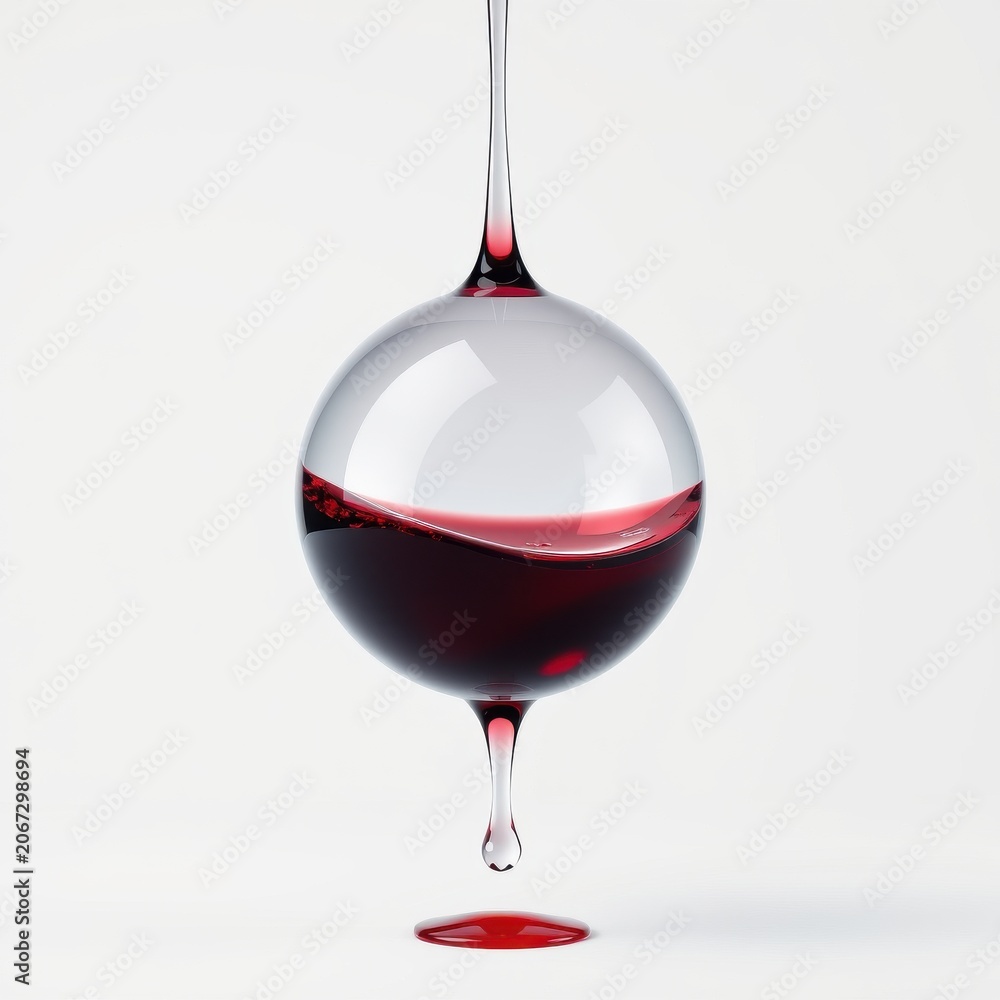 Fototapeta premium Red wine pours into glass sphere. Liquid drips below, creating splash. Minimalist studio shot, clean background.