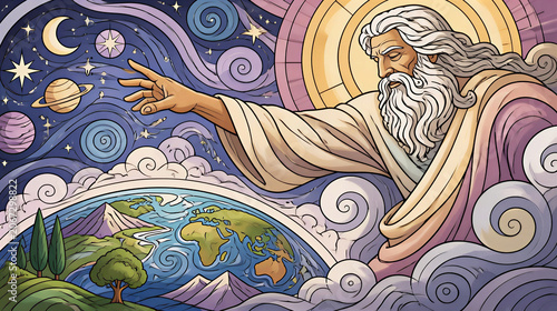 Abstract stylized art cubism style. God almighty created the world. Biblical scene concept.