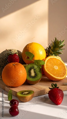 Fresh fruit on wooden cutting board.