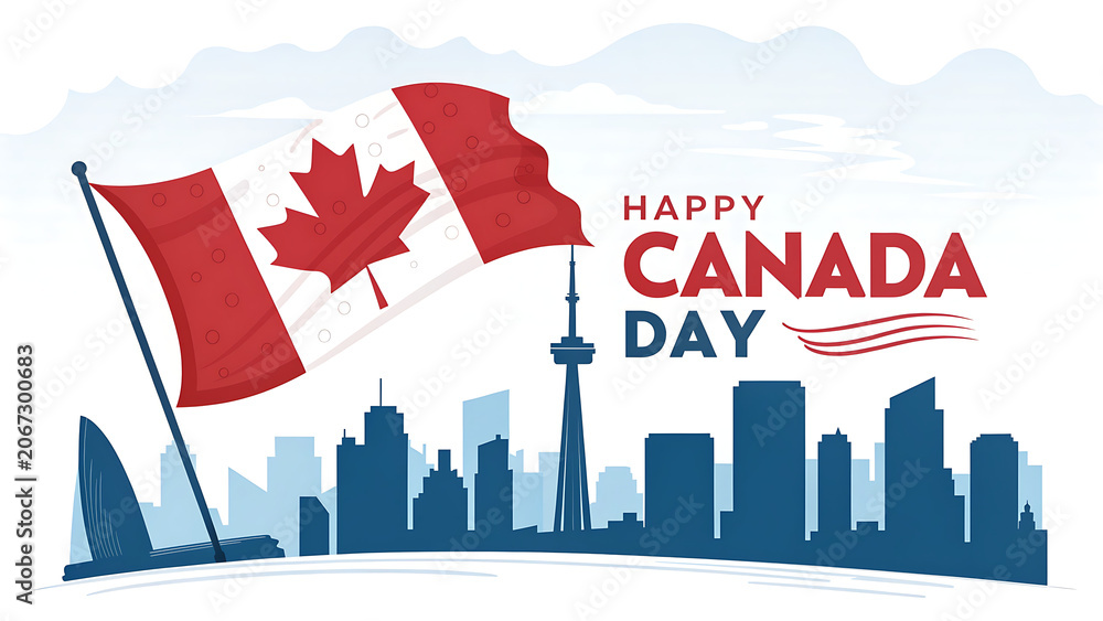 Obraz premium Happy Canada Day celebration background with Canadian flags and Toronto city skyline silhouette, vector illustration